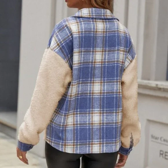 ASHLEIGH BLUE PLAID PRINT BEIGE TEDDY BUTTON FRONT - Picture 6 of 8